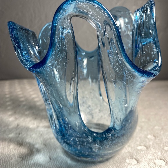 Vintage Blue Hand Blown Stretch Bubble Candle Art Glass Design Holder - Picture 2 of 11